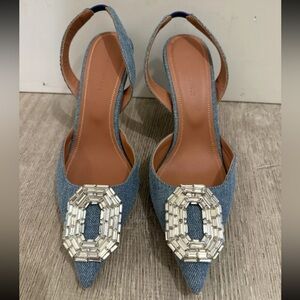 Amina Muaddi Camelia Denim crystal-embellished slingback pumps Euro Size 37 7.5
